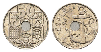 Испания 50 сентимо 1963 (65) Франсиско Франко (1939-1975) KM 777 медно-никель aUNC 4702-252