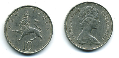 Великобритания 10 пенсов 1969 Елизавета II (1952-2022) KM 912, Spink 4231 (F1) медно-никель  4110-1144