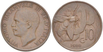 ИТАЛИЯ 10 ЧЕНТЕЗИМО 1920 R, МОНДВОР РИМ, ВИКТОР ЭММАНУИЛ III (1900-1946) KM 60 медь 4525-224