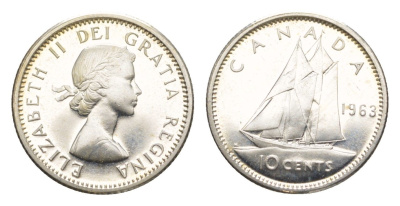 Канада 10 центов 1963 Елизавета II (1952-2022), парусник KM 51 серебро PROOF-LIKE (BU) 4639-612