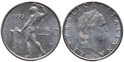 ИТАЛИЯ 50 ЛИР 1993 R, КУЗНЕЦ KM 95.2 сталь 4396-1146
