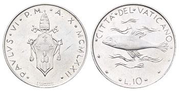 Ватикан 10 лир 1970 MCMLXX, Павел KM 119 алюминий UNC 4699-624