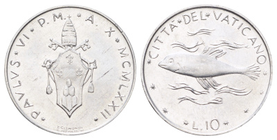 Ватикан 10 лир 1970 MCMLXX, Павел KM 119 алюминий UNC 4699-624