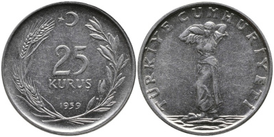 ТУРЦИЯ 25 КУРУШЕЙ 1959 KM 892.1 нержавеющая сталь 4541-536