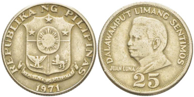 ФИЛИППИНЫ 25 СЕНТИМО 1971 ХУАН ЛУНА KM 199 медь цинк никель 4513-927