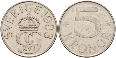 Швеция 5 крон 1983 U, Карл XVI Густав (1973- ) KM 852a медно-никель 4599-634