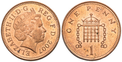 Великобритания 1 пенни 2007 Елизавета II (1952-2022) KM 986, Spink 4710 (B5) сталь плакированная медью 4609-636