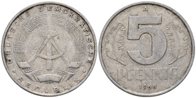 ГДР 5 пфеннигов 1968 A KM 9.1 алюминий 211-849