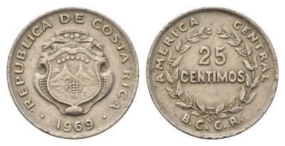 Коста-Рика 25 сентимо 1969 KM 188.1 медно-никель 4698-346