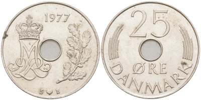 ДАНИЯ 25 ЭРЕ 1977 S; B, МАРГРЕТЕ II (1972-) KM 861.1 медно-никель 98-723