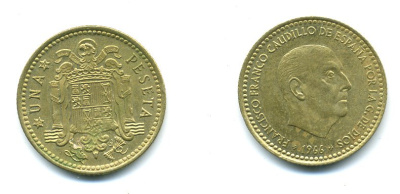 ИСПАНИЯ 1 ПЕСЕТА 1966 (72) ФРАНСИСКО ФРАНКО ДИКТАТОР ИСПАНИИ (1939-1975) КМ 796 алюминиевая бронза 54-326