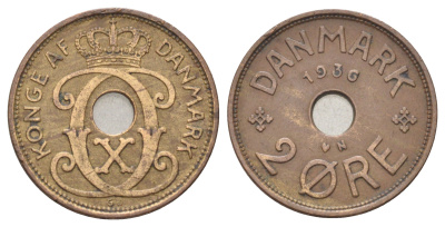 Дания 2 эре 1936 N, Кристиан X (1912-1947) KM 827 бронза 4701-826