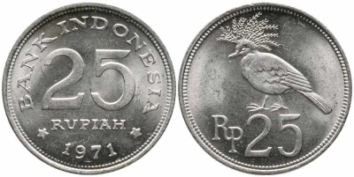 Индонезия 25 рупий 1971 венценосный голубь KM 34 медно-никель 86-1744