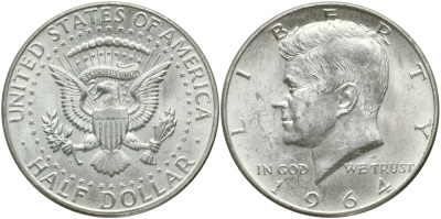 США 1/2 доллара (50 центов) 1964 Джон Кеннеди KM 202 серебро 84-746