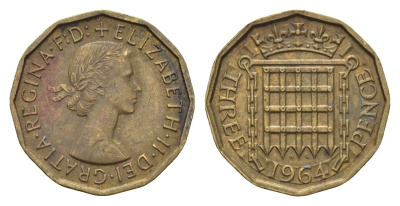 Великобритания 3 пенса 1964 Елизавета II (1952-2022) KM 900, Spink 4153 никель латунь 4699-442