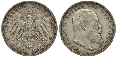 Вюртемберг 3 марки 1909 F, Вильгельм II (1891-1918) Weege 171, J.175, KM 635 серебро 413-2021