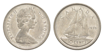 Канада 10 центов 1973 Елизавета II (1952-2022), парусник KM 77 никель 4639-627