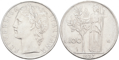 ИТАЛИЯ 100 ЛИР 1957 R, АФИНА KM 96.1 нержавеющая сталь 3855-735