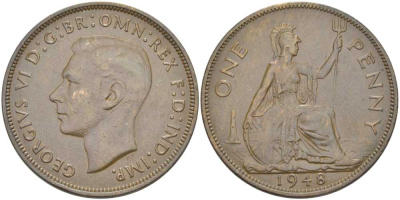 Великобритания 1 пенни 1948 Георг VI (1936-1952) KM 845, Spink 4114 бронза 180-131