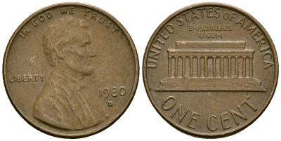 США 1 цент 1980 D, Авраам Линкольн KM 201 медь цинк 4136-167