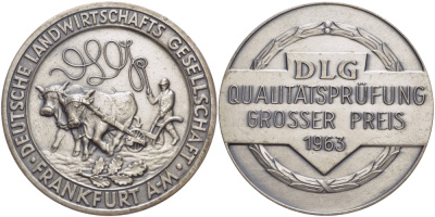 ФРГ медаль 1963 приз "DLG"  за первое место от немецкого сельскохозяйственного общества Франкфурта-на-Майне, диаметр 61 мм.  белый металл    1089-3-13