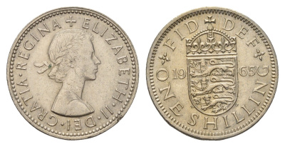 Великобритания 1 шиллинг 1965 Елизавета II (1952-2022), Английский герб KM 904, Spink 4147 медно-никель 4177-436