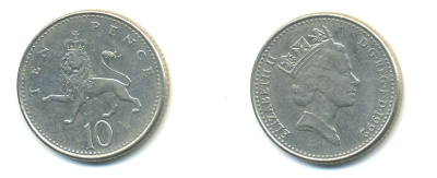 Великобритания 10 пенсов 1992 Елизавета II (1952-2022) KM 938b, Spink 4367 (F4) медно-никель 59-514