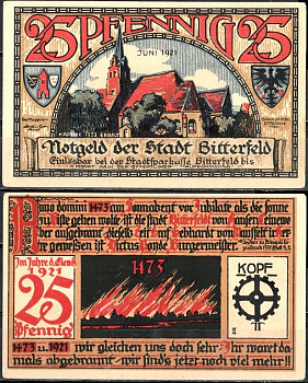 Биттерфельд (Пруссия, Саксония) 25 пфеннигов 1921 Mehl Grabowski 111.1-22/40 бумага UNC (пресс) 7556-52-2-2
