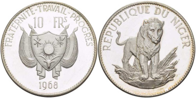 Нигер 10 франков 1968 лев, без черты над Е, в слове Republique KM 8.2 серебро PROOF 02-035-34