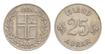 Исландия 25 эйре 1954 KM 11 медно-никель 4617-427