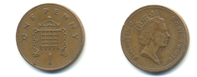 Великобритания 1 пенни 1991 Елизавета II (1952-2022) KM 935, Spink 4381 (B3) бронза 177-1129
