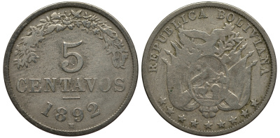 Боливия 5 сентаво 1892 H KM 171 медно-никель 272-433