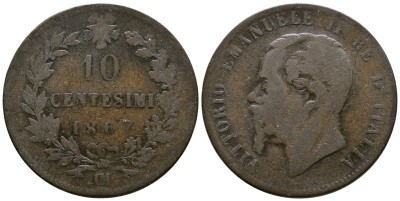 Италия 10 чентезимо 1867 OM, Виктор Эммануил II (1861-1878) KM 11.5 медь 4381-135