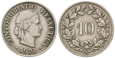 Швейцария 10 раппенов 1921 B KM 27 медно-никель 4169-1125