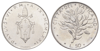 Ватикан 50 лир 1971 MCMLXXI KM 121 нержавеющая сталь UNC 4700-651