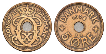 Дания 5 эре 1928 N, Кристиан X (1912-1947) KM 828 бронза 4700-822