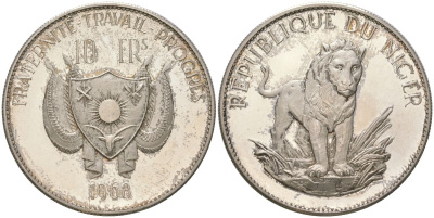 Нигер 10 франков 1968 Лев KM 8.1 серебро PROOF 11-244-43