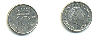 НИДЕРЛАНДЫ 10 ЦЕНТОВ 1973 ЮЛИАНА KM 182 никель 83-964