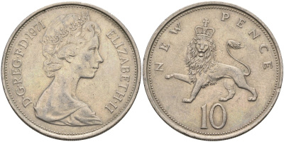 Великобритания 10 пенсов 1971 Елизавета II (1952-2022) KM 912, Spink 4231 (F1) медно-никель 4587-924