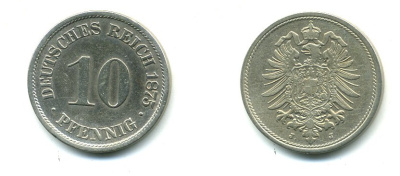 ГЕРМАНИЯ 10 ПФЕННИГОВ 1875 J, СТАРОГЕРБОВКА KM 4, J.4 медно-никель 23-743