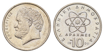 Греция 10 драхм 1990 Демокрит KM 132 медно-никель UNC 4707-526