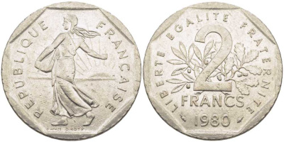 ФРАНЦИЯ 2 ФРАНКА 1980 СЕЯТЕЛЬ KM 942.1, LE FRANC 272.4 никель 111-1113