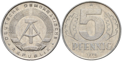 ГДР 5 пфеннигов 1975 A KM 9.1 алюминий 218-1128