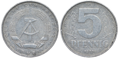 ГДР 5 ПФЕННИГОВ 1975 A KM 9.1 алюминий 62-314