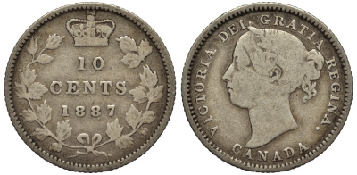 Канада 10 центов 1887 Виктория KM 3 серебро    1530-1244