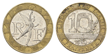 Франция 10 франков 1990 тип гений Бастилии KM 964.1, Le Franc 375.5 биметалл 4704-514