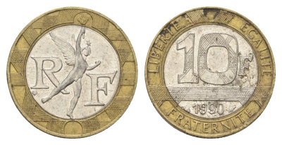 Франция 10 франков 1990 тип гений Бастилии KM 964.1, Le Franc 375.5 биметалл 4704-514