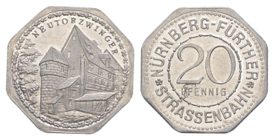 Нюрнберг трамвайный (транспортный) жетон в 20 пфеннигов ND (1920-1921) Новые ворота Men05 19256.26, Men18 24102.26 алюминий UNC 4638-314