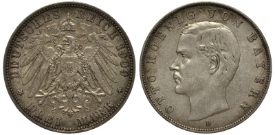 Бавария 3 марки 1909 Отто (1886-1913) Weege 45, J. 47, KM 515 серебро 3711-1915