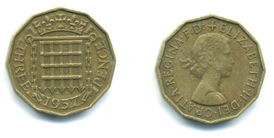 Великобритания 3 пенса 1957 Елизавета II (1952-2022) KM 900, Spink 4153 никель латунь 4383-315